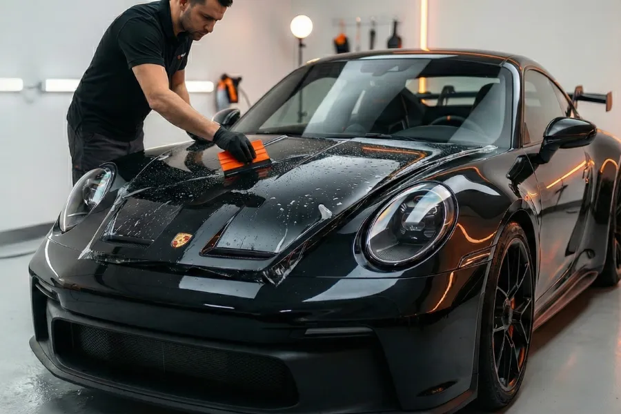 Rouleau de film PPF transparent sur capot voiture